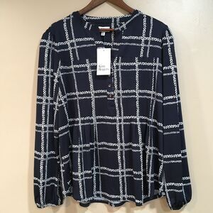 Kim Rogers Womens XL Long Sleeve Blouse Top Navy Windowpane Plaid Nautical NWT
